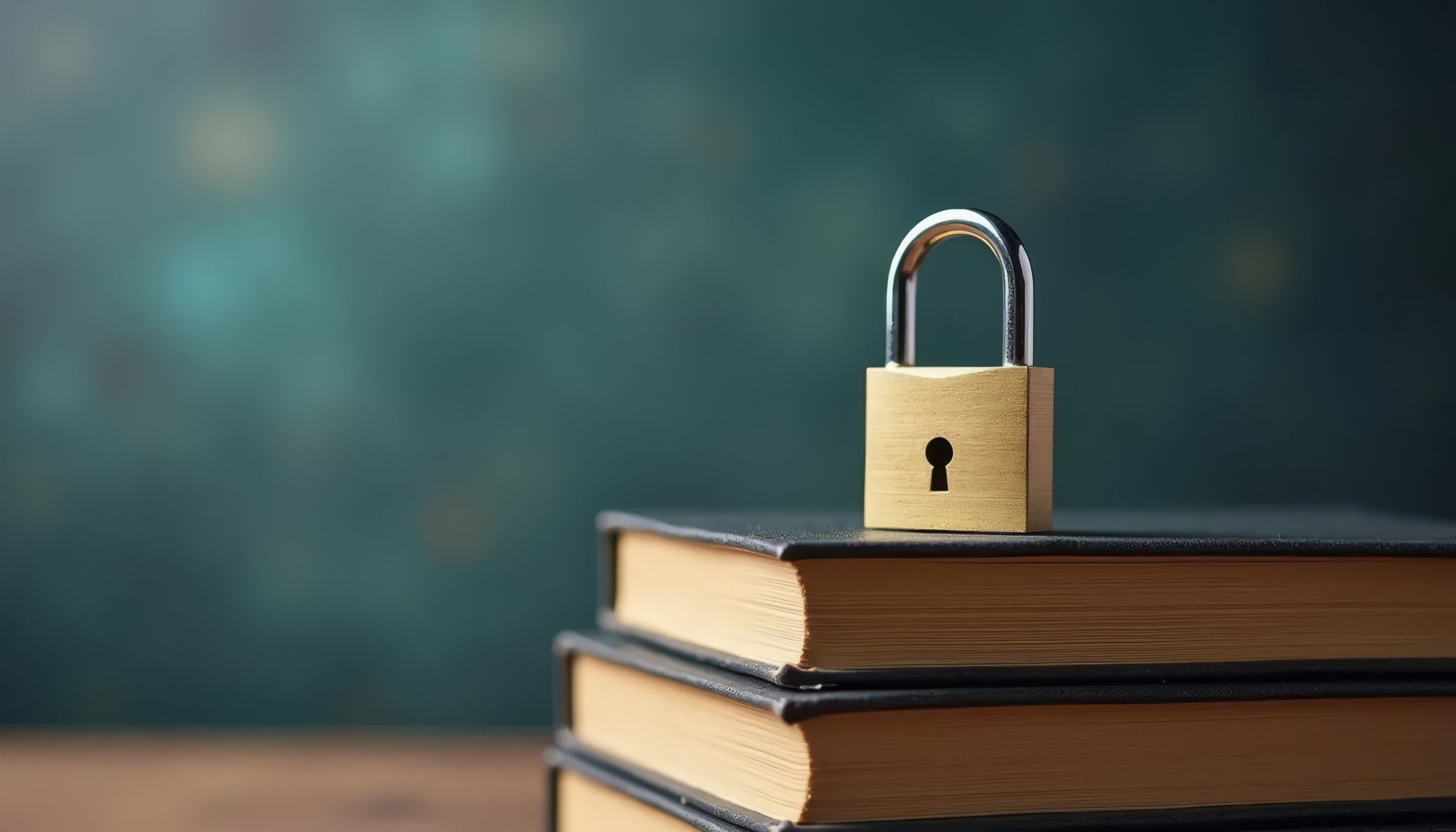 A stack of books secured with a metal padlock, representing copyright protection, intellectual property, and secured knowledge.